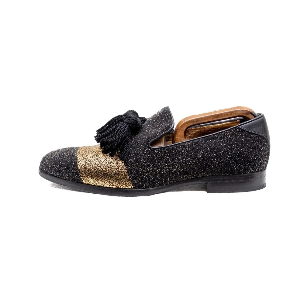 Jimmy Choo Men's Foxley Black & Gold‎ Glitter Tassel Loafers Size EU 40.5 / US 8